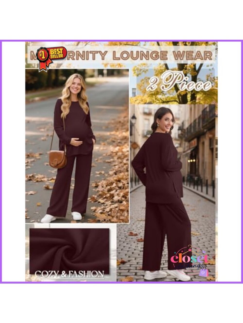 Maternity Lounge Set 2 Piece Long Sleeve Top Wide Leg Pants - Picture 5 of 6